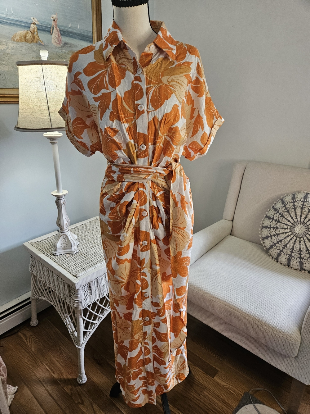 Orange Floral Button-Front Maxi Dress.Thanksgiving. P73